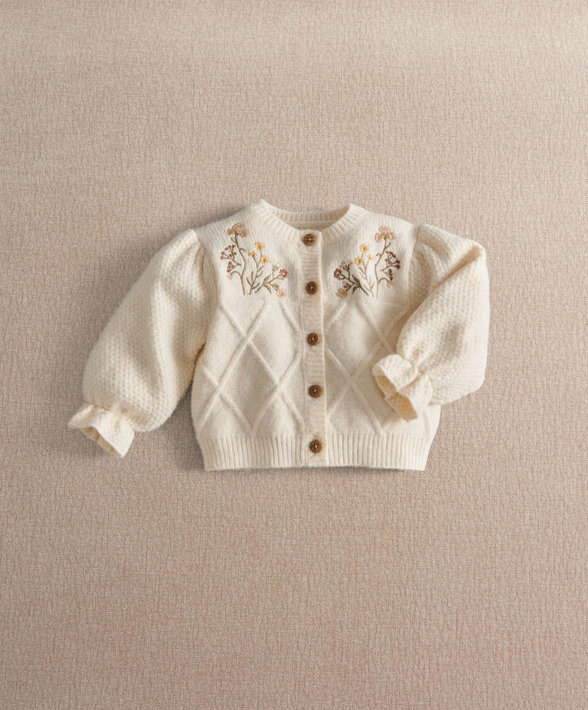 Cable Knit & Floral Embroidered Cardigan
