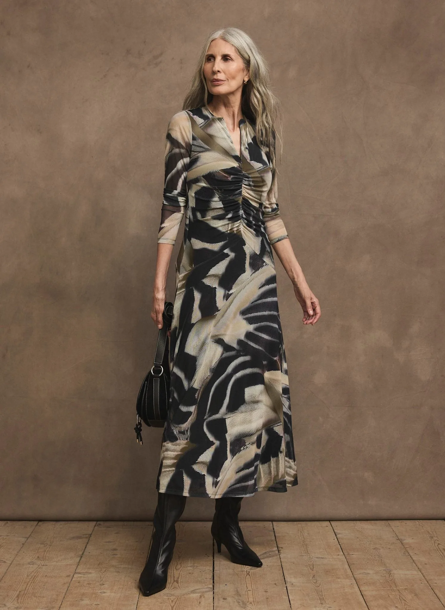 Black Abstract Print Mesh Midi Dress