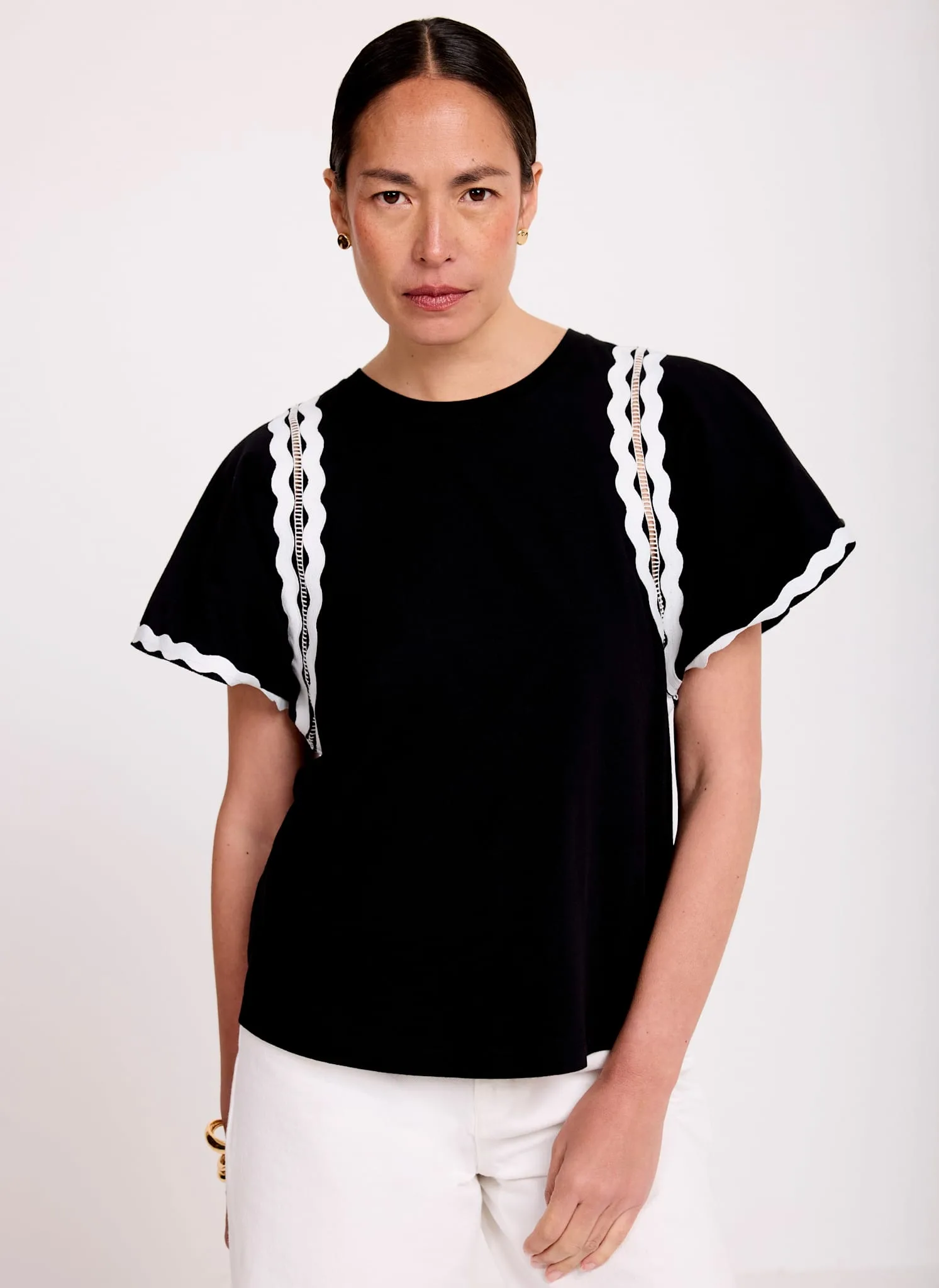 Black Cotton Blend Ric Rac Detail Top