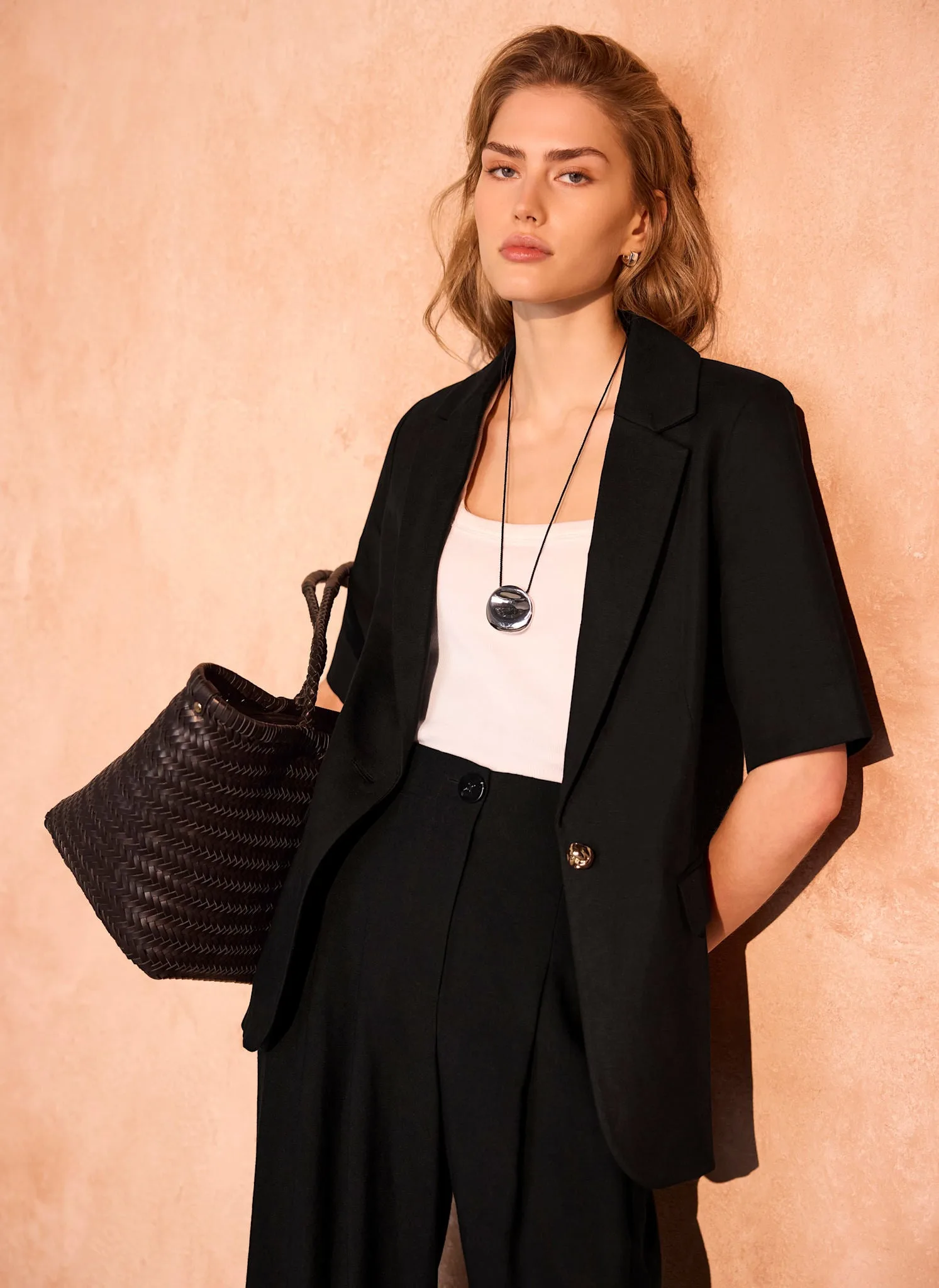 Black Linen Blend Short Sleeve Blazer