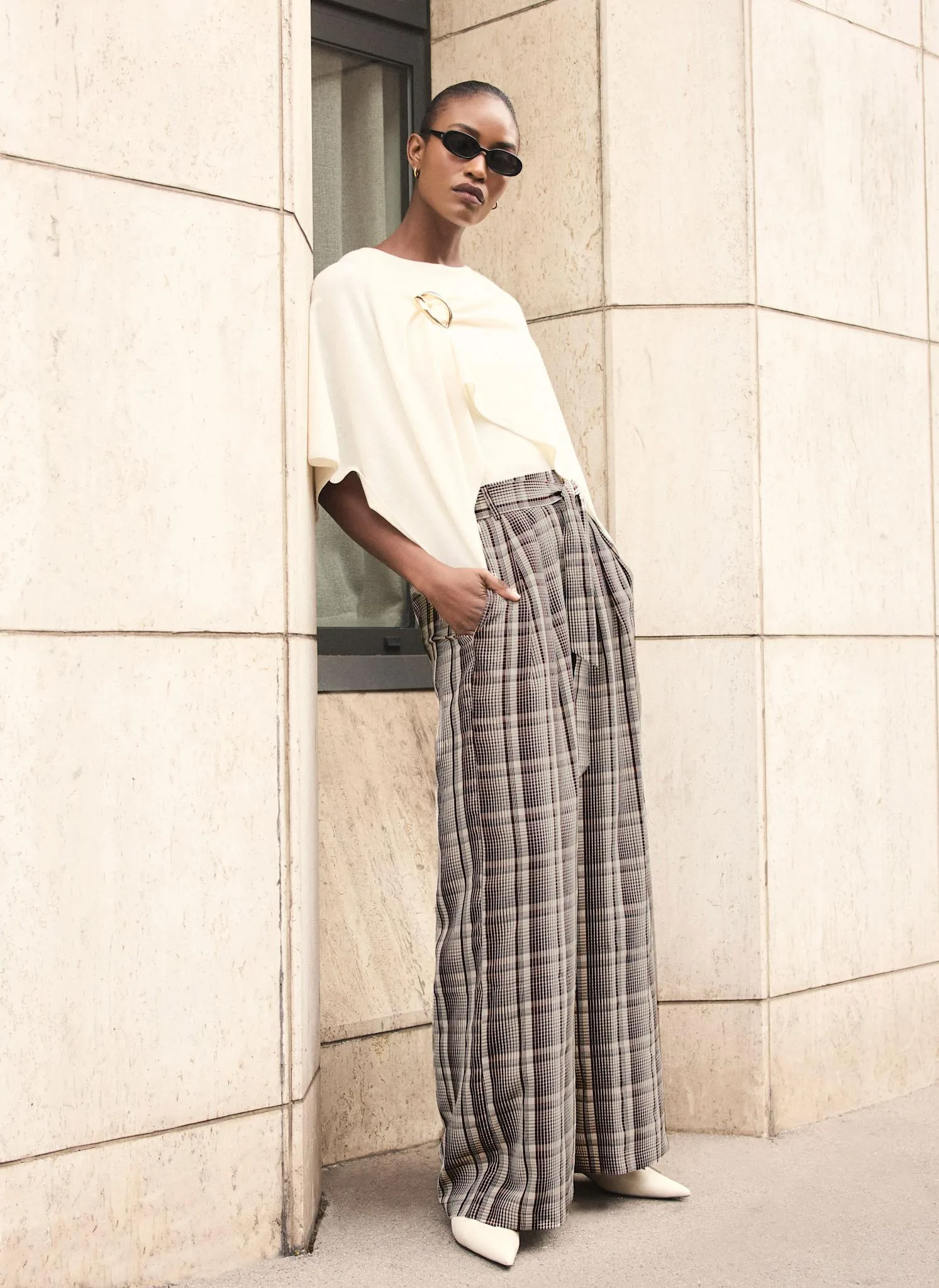 Brown Check Belted Wide Leg Trousers