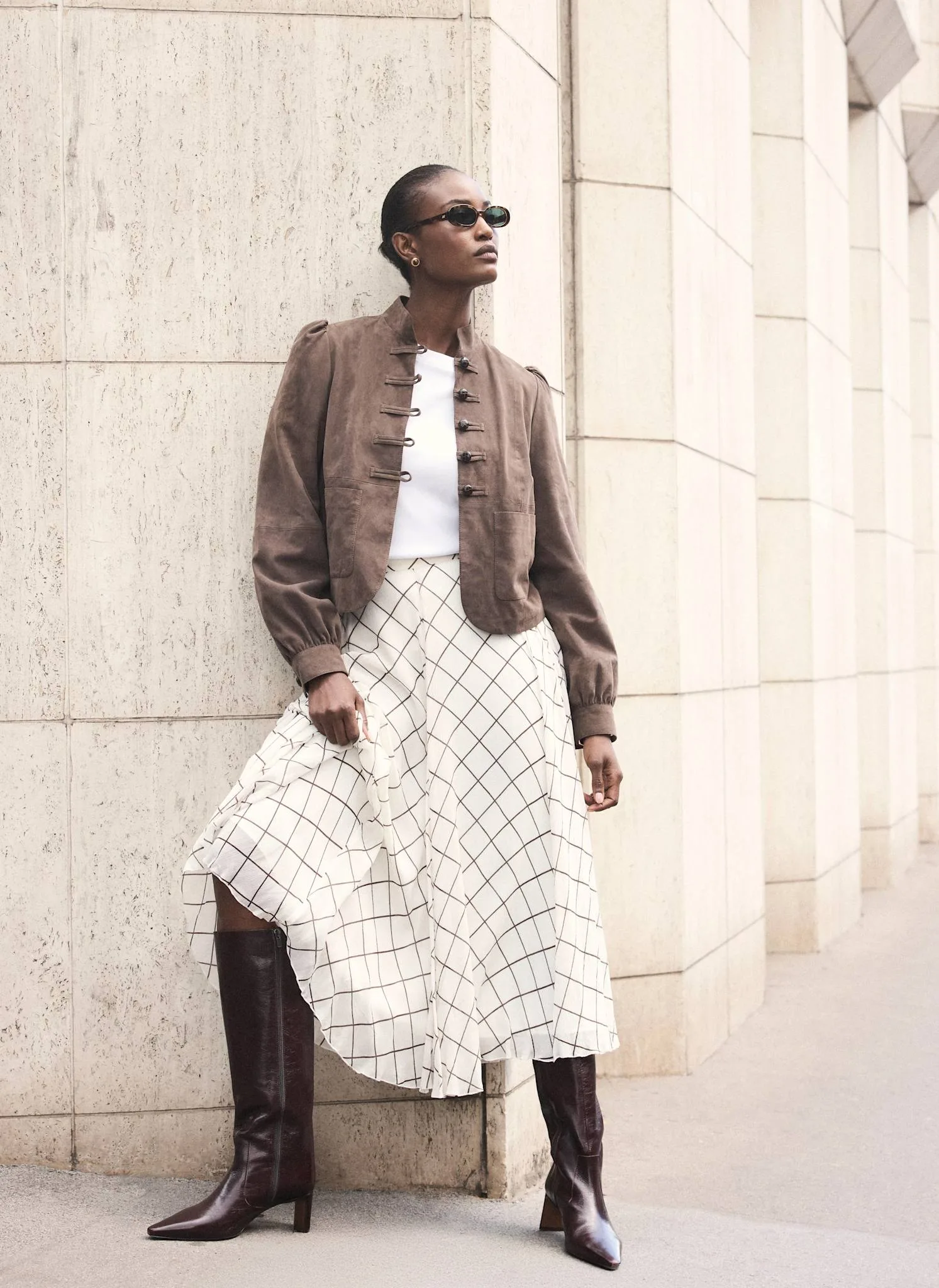 Cream Checked Midi Skirt