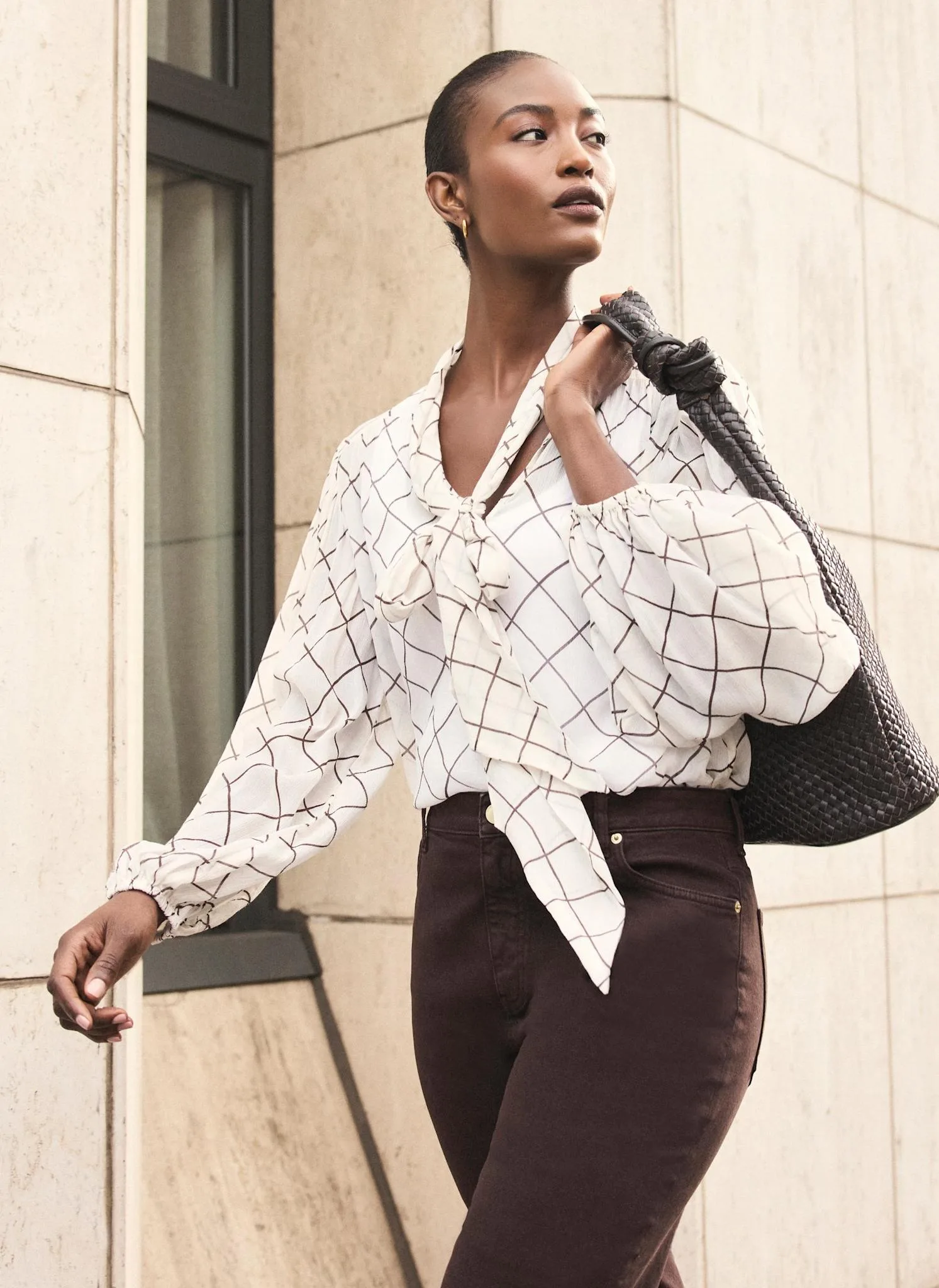 Cream Checked Pussy Bow Blouse