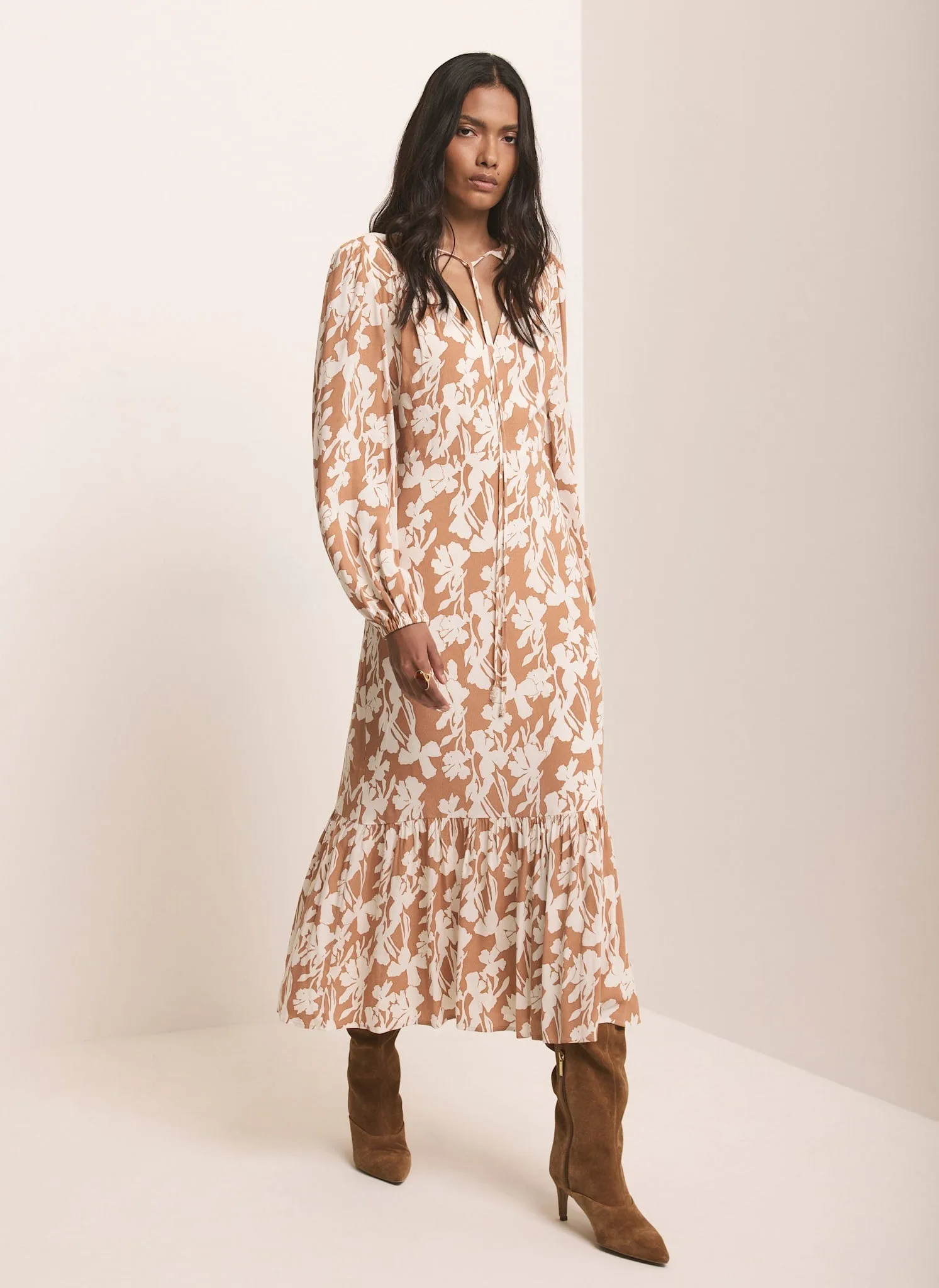 Neutral Floral Print Midi Dress