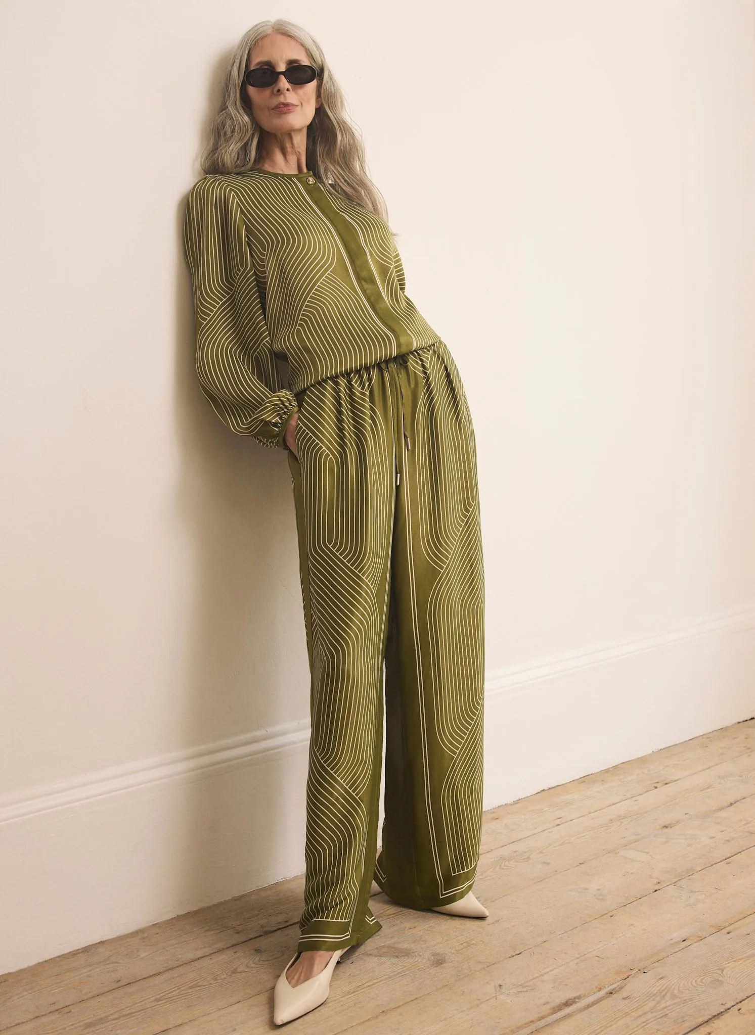 Olive Green Satin Printed Wide Leg Trousers