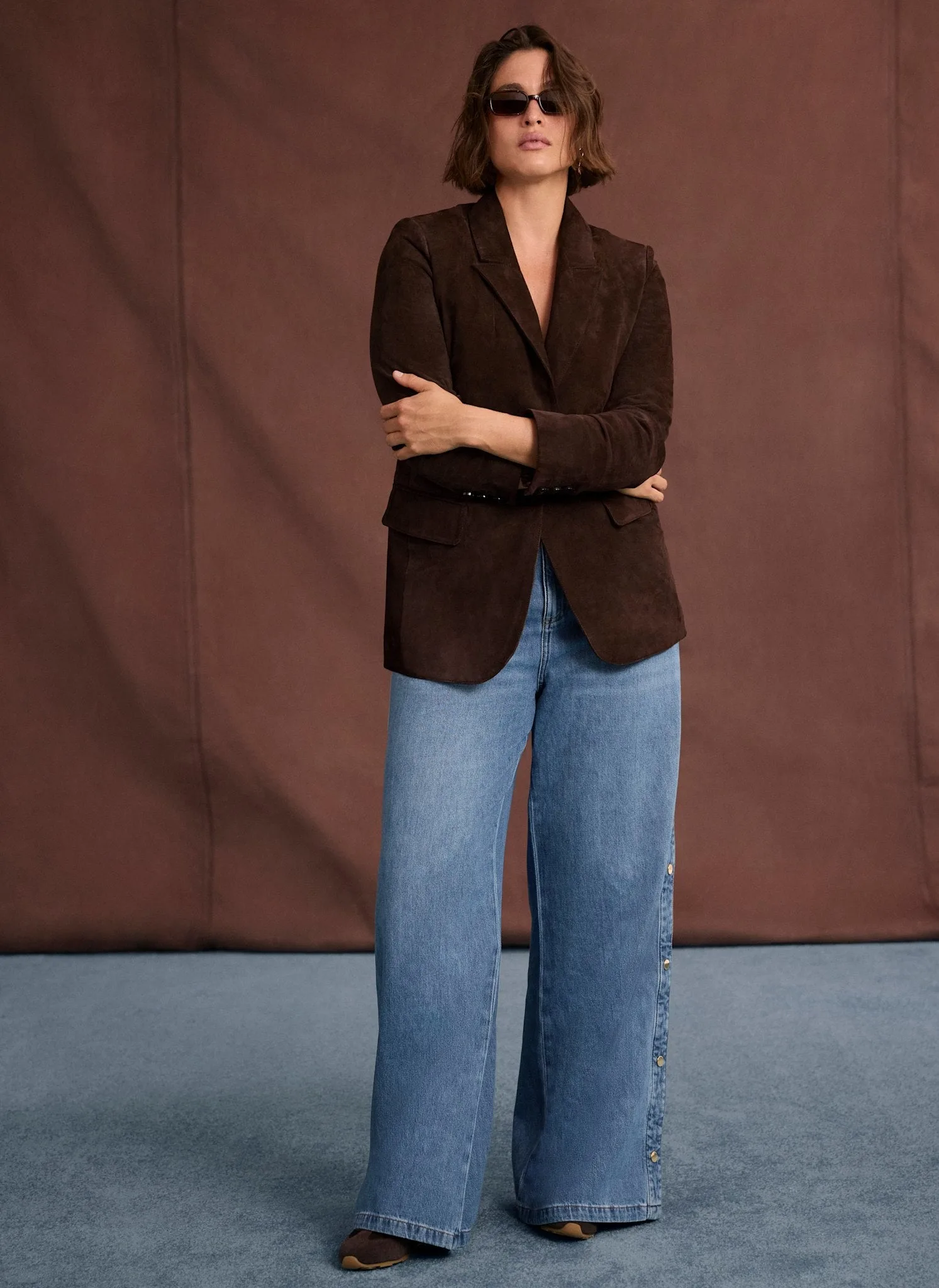 Mid Indigo Popper Detail Wide Leg Jeans