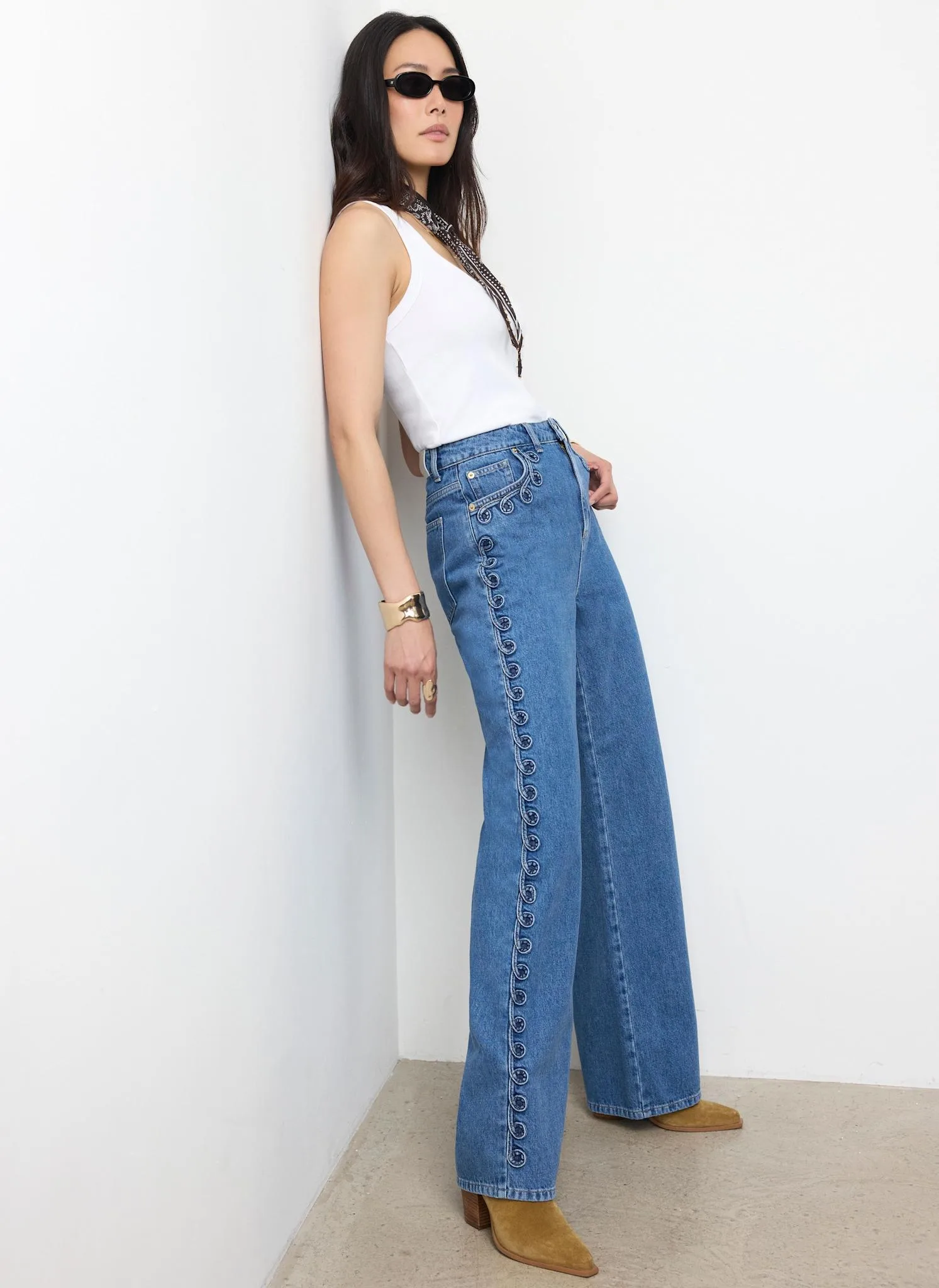 Mid Indigo Swirl Detail Wide Leg Jeans