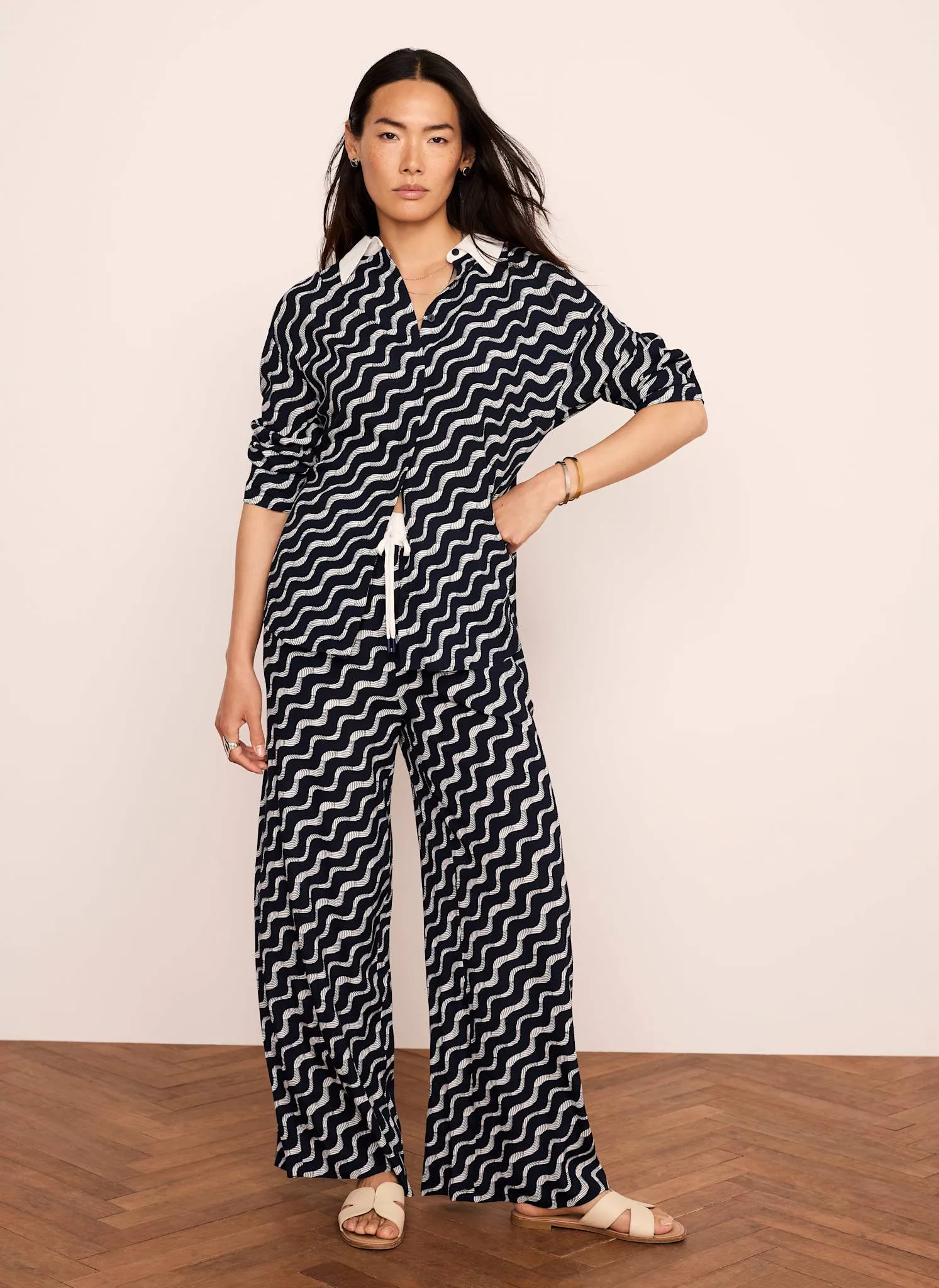 Navy Abstract Print Wide Leg Trousers