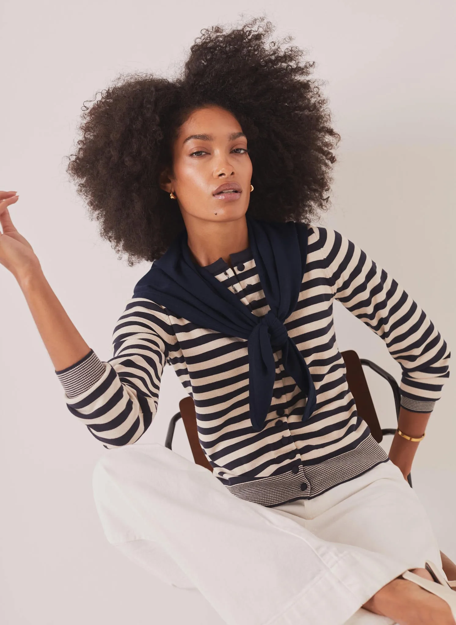 Navy Striped Scarf Detail Cardigan