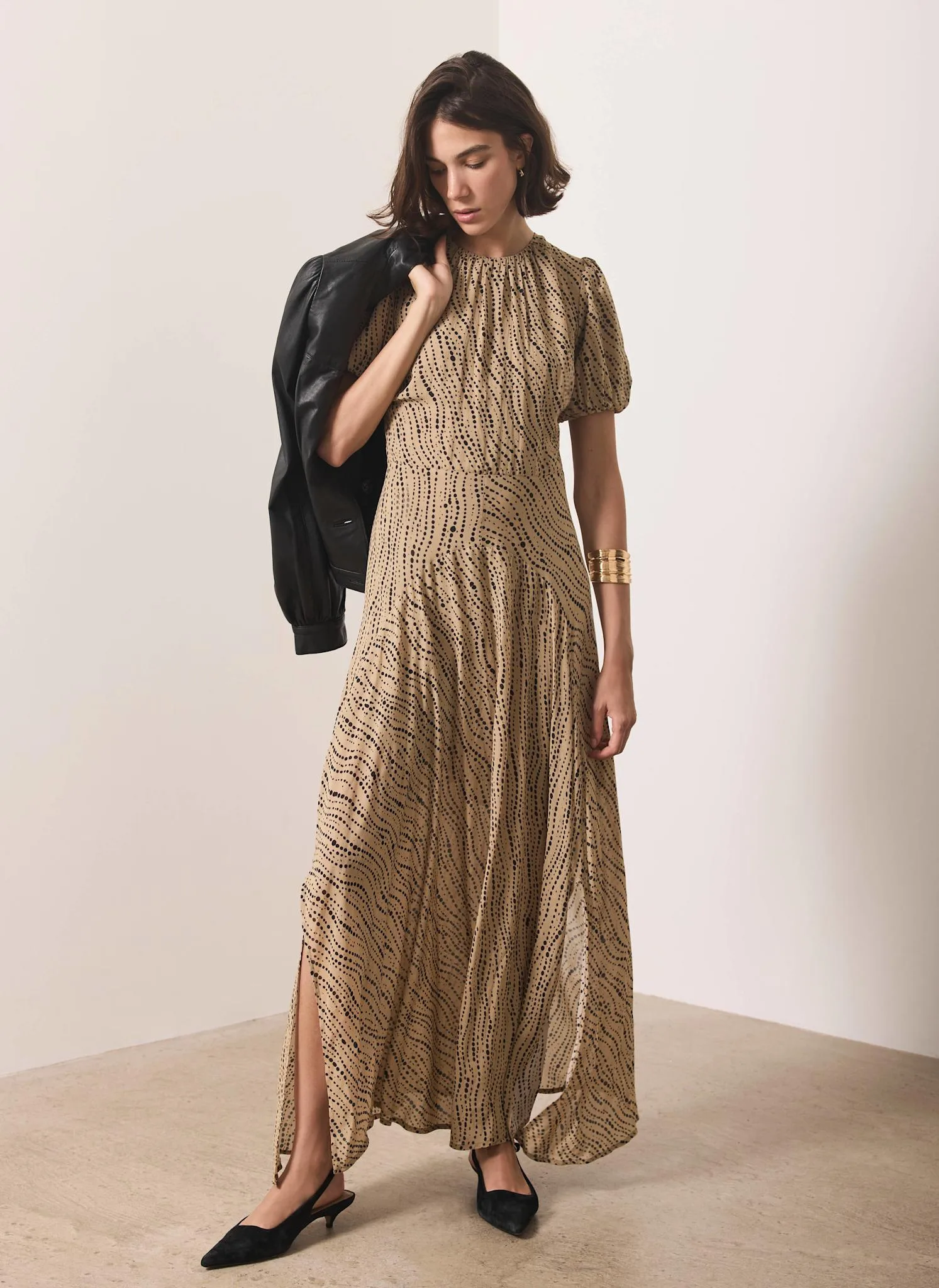 Neutral Spot Print Puff Sleeve Maxi Dress