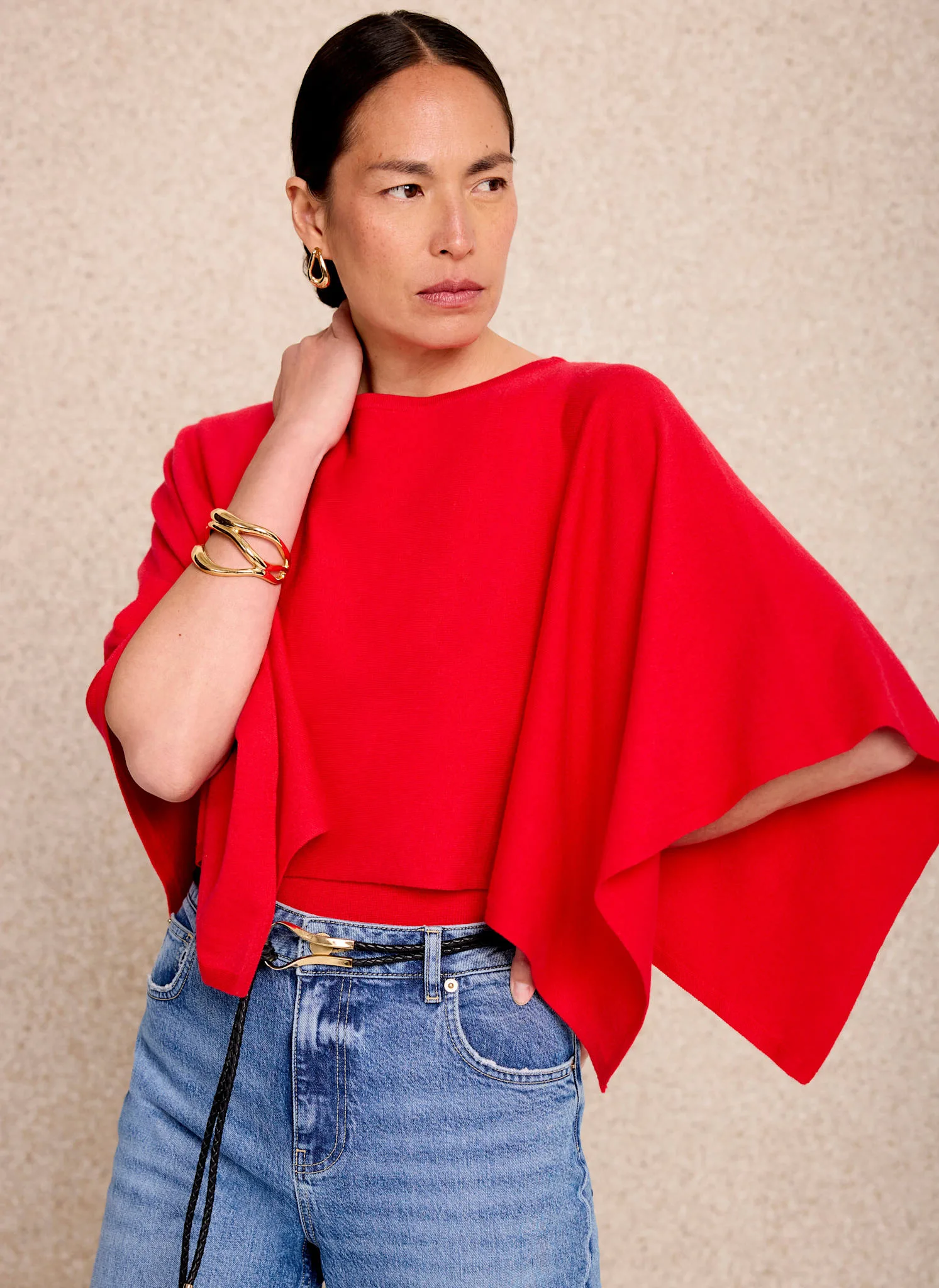 Red Layered Poncho Knit Top