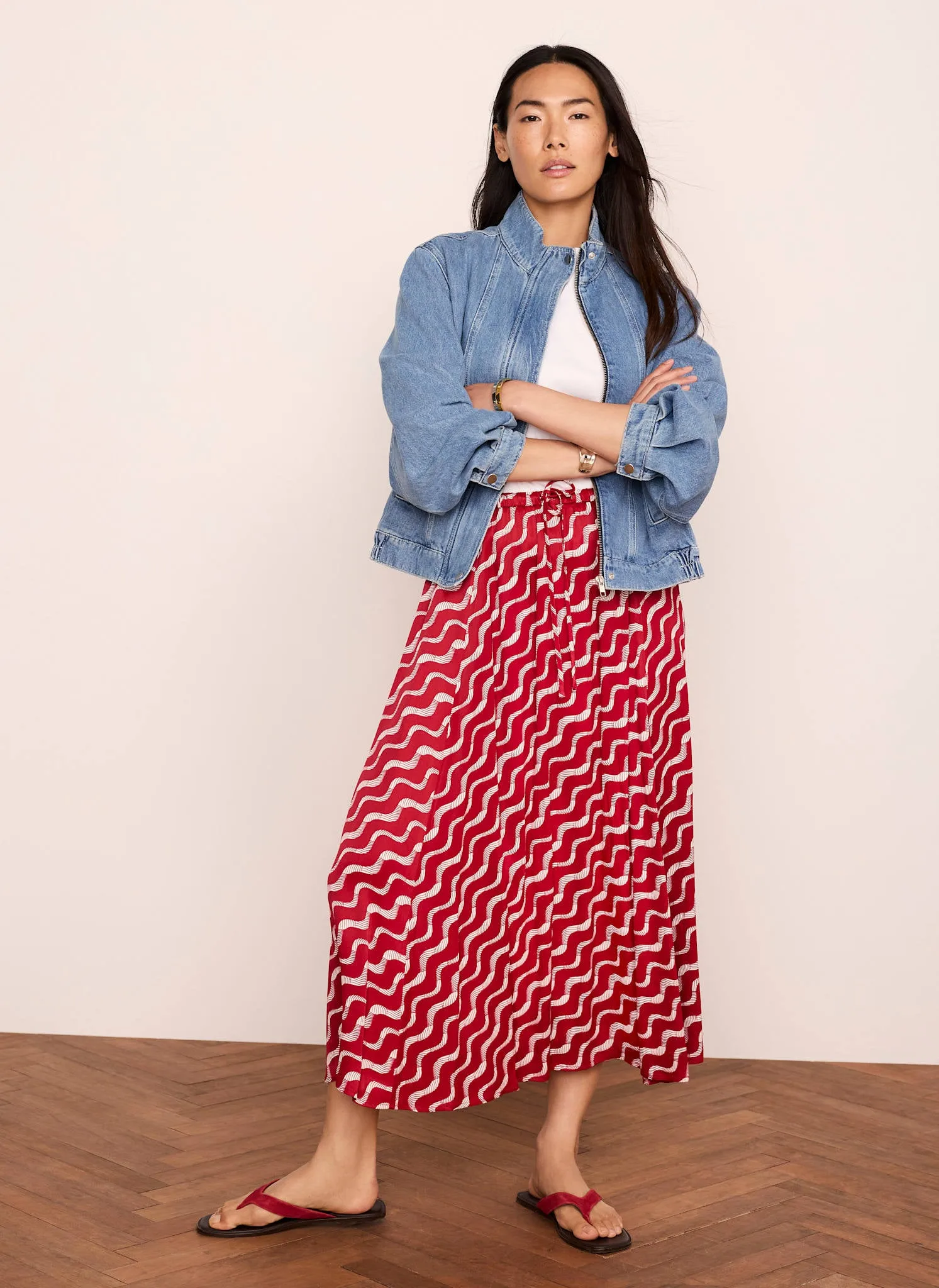 Red Satin Printed Maxi Skirt