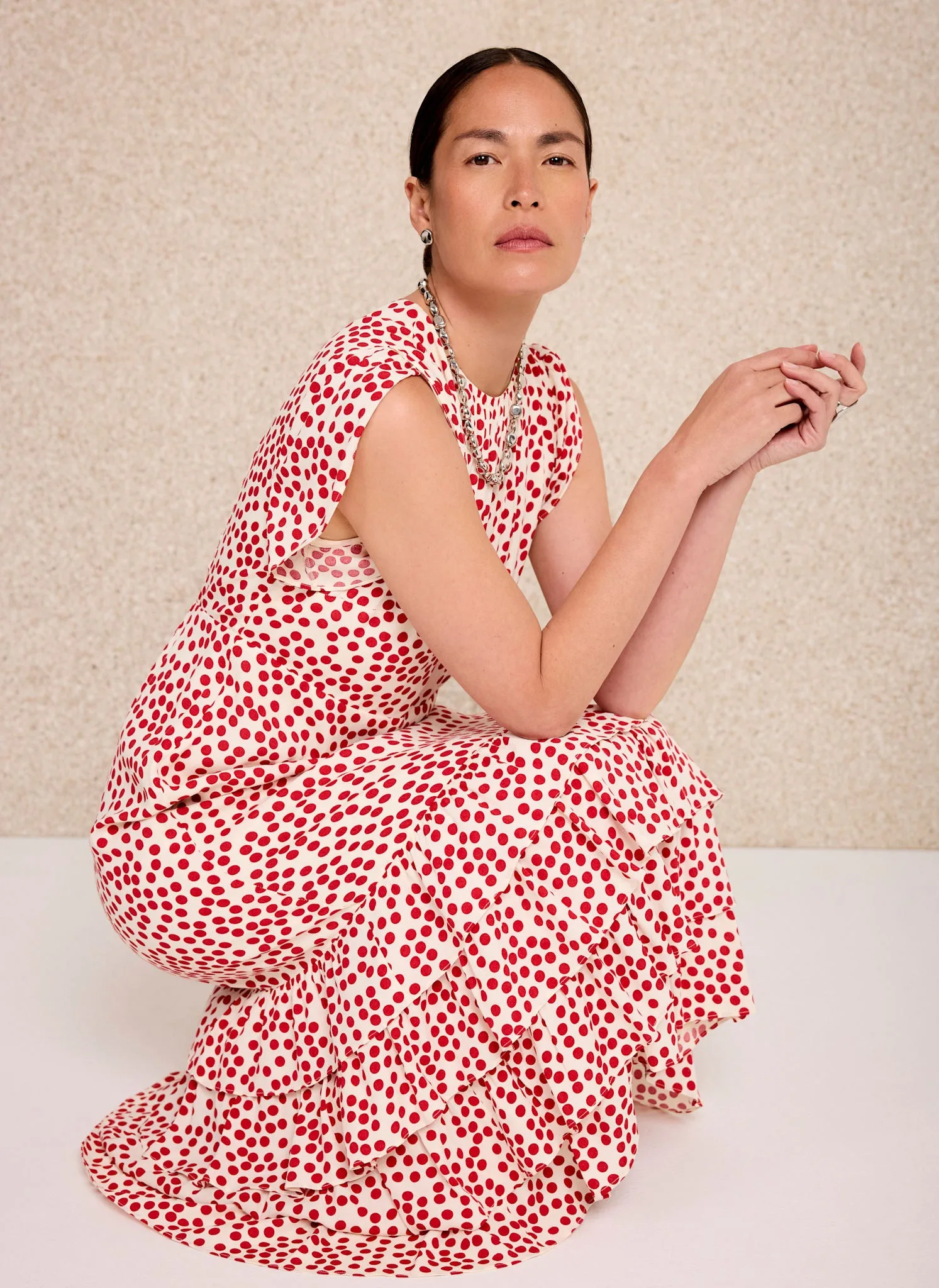 Red Polka Dot Ruffle Midi Dress