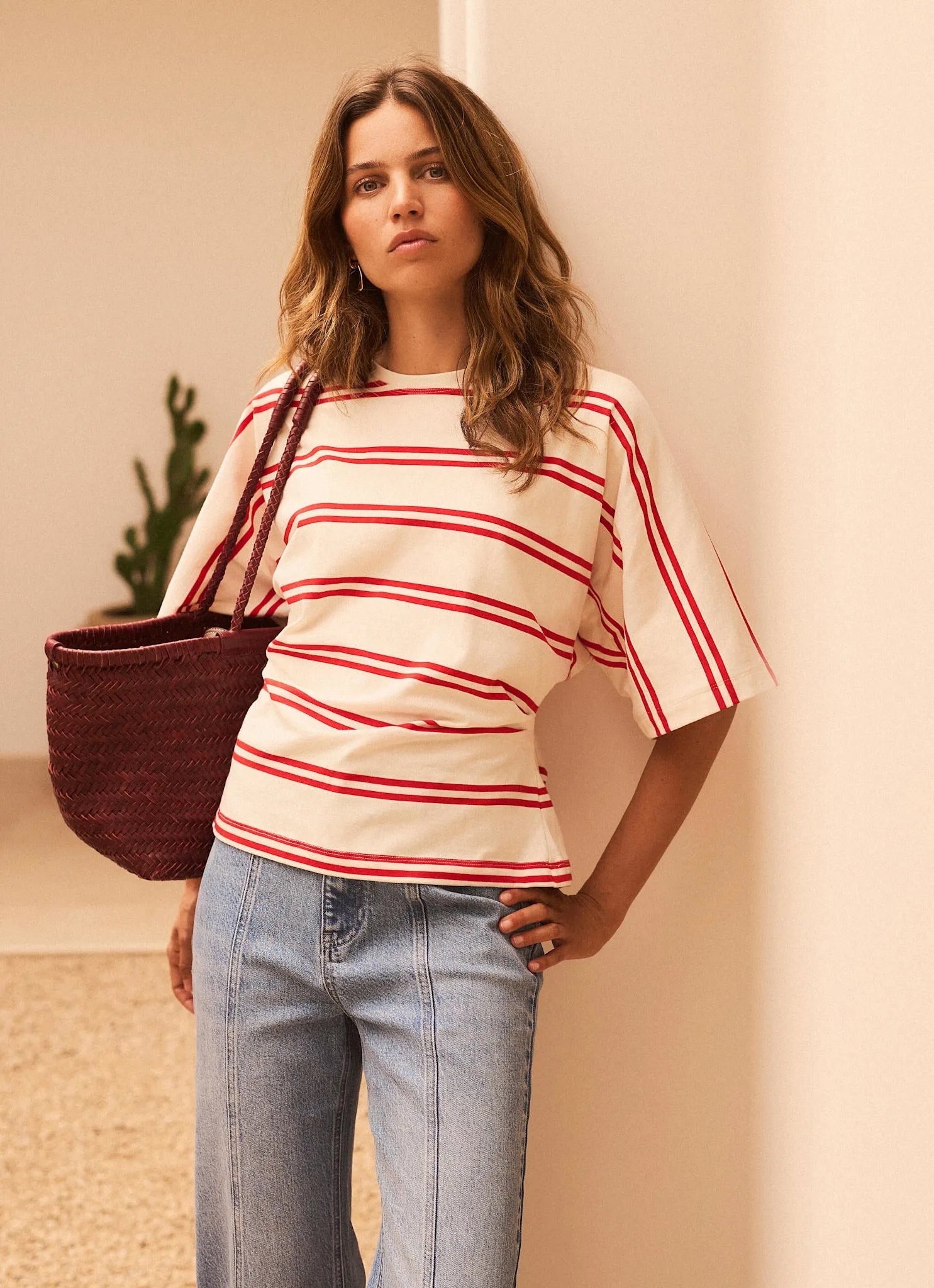 Red Striped Cotton Ruched Waist T-Shirt