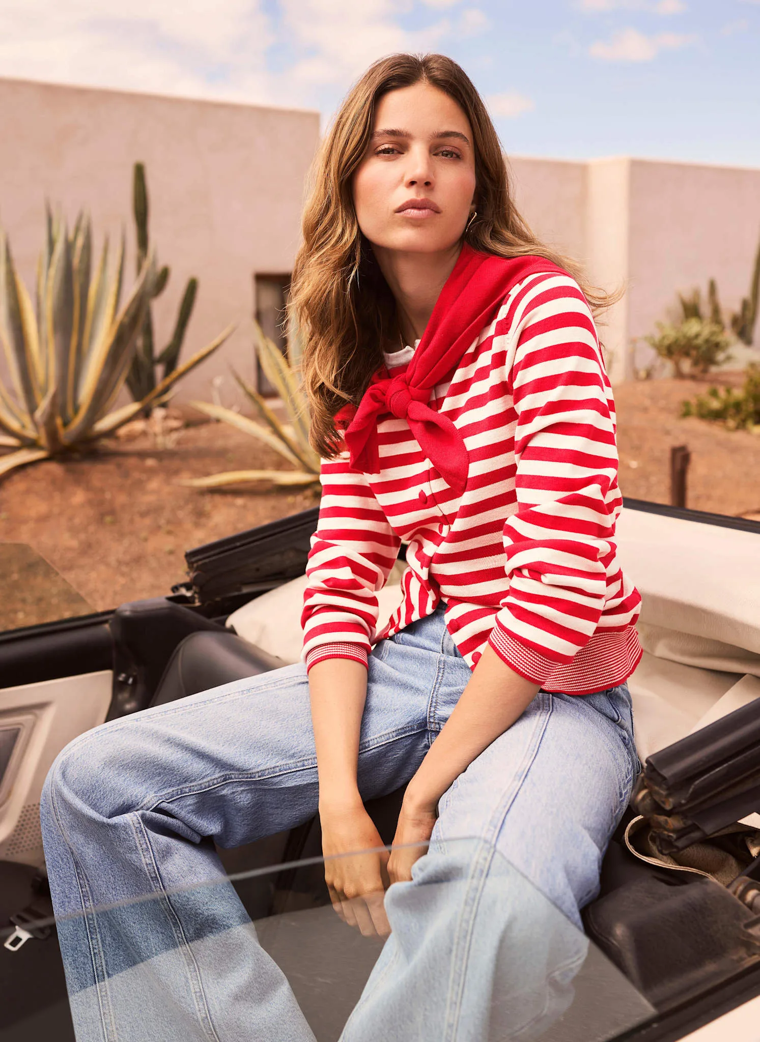 Red Striped Scarf Detail Cardigan