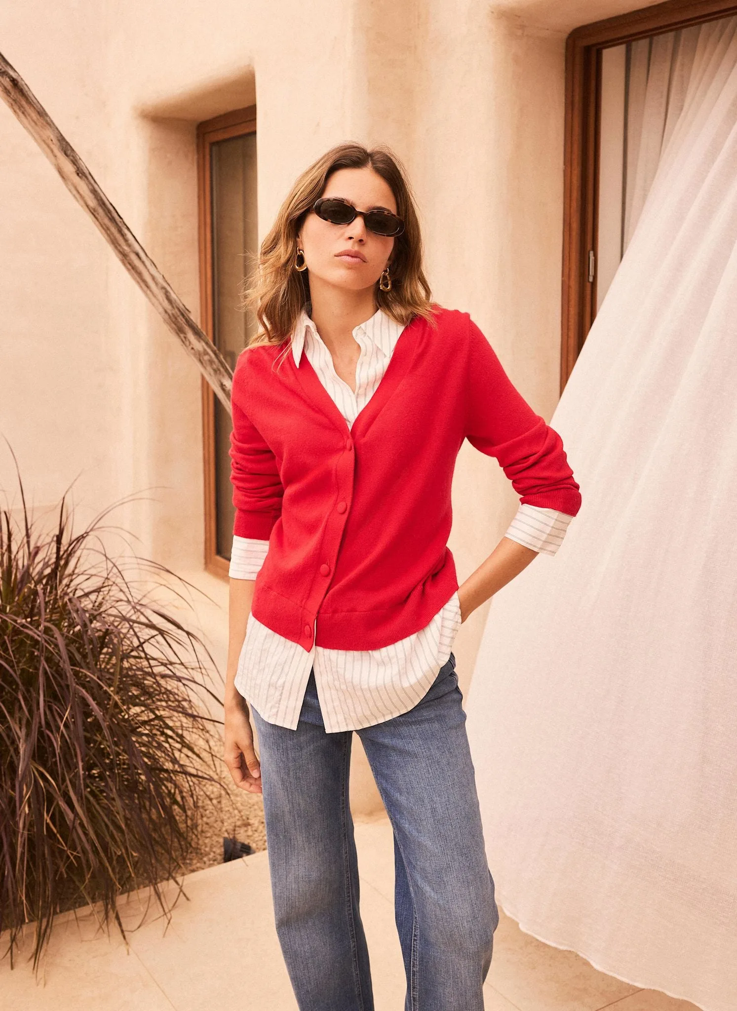 Red Cotton Blend Shirt Trim Knit